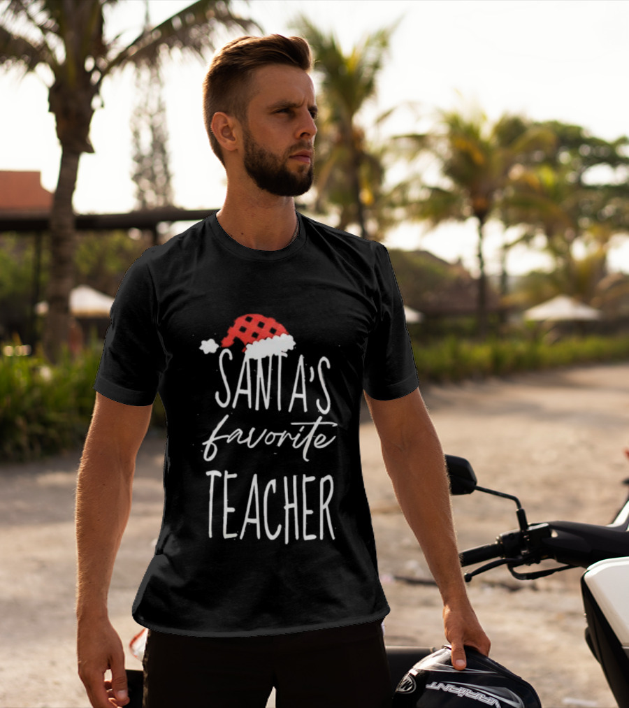 Santa's Favorite Teacher Christmas Hat Holiday T-Shirt