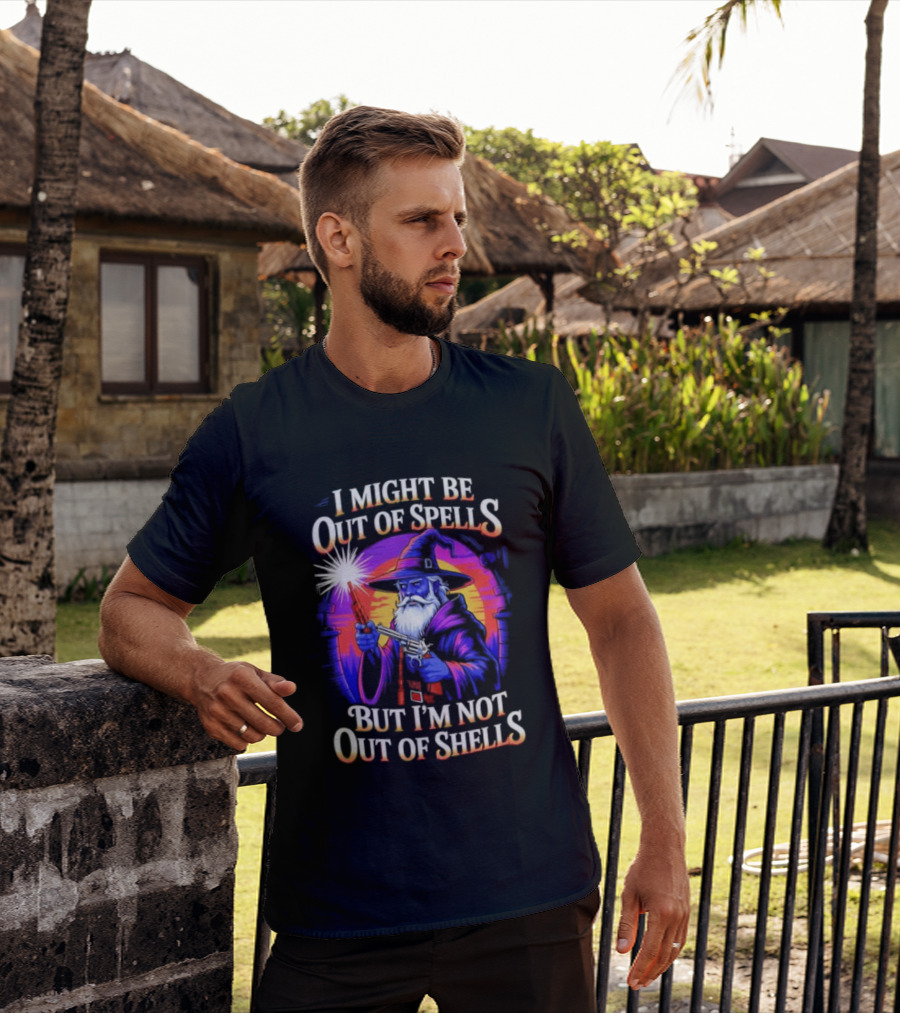 Wizard I Might Be Out Of Spells But I'm Not Out Of Shells Retro Wizard With Gun T-Shirt