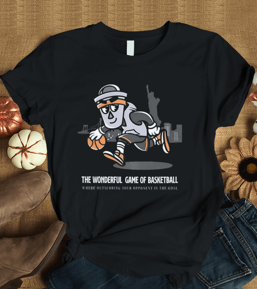 The Wonderful Game Of Basketball Mascot Bucket Man Outscoring Opponent NYC Skyline T-Shirt