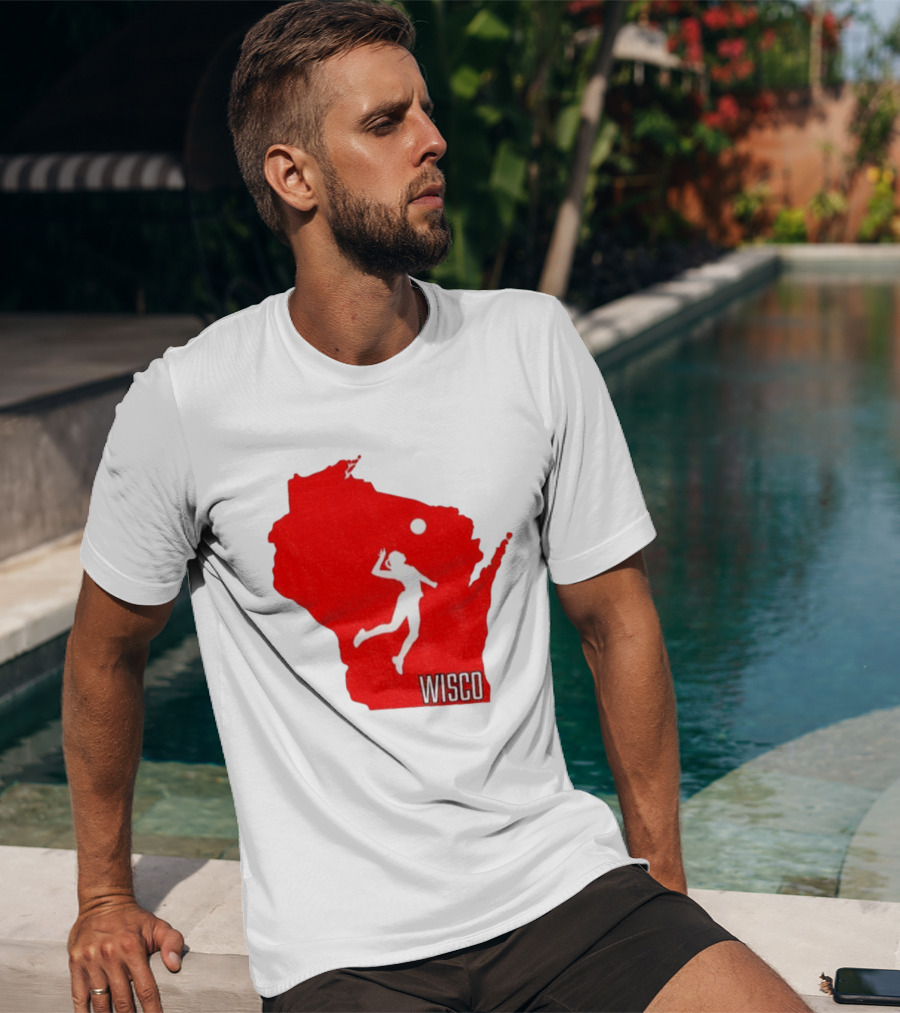 Wisconsin Badgers Volleyball Wisco Map Athlete Silhouette T-Shirt