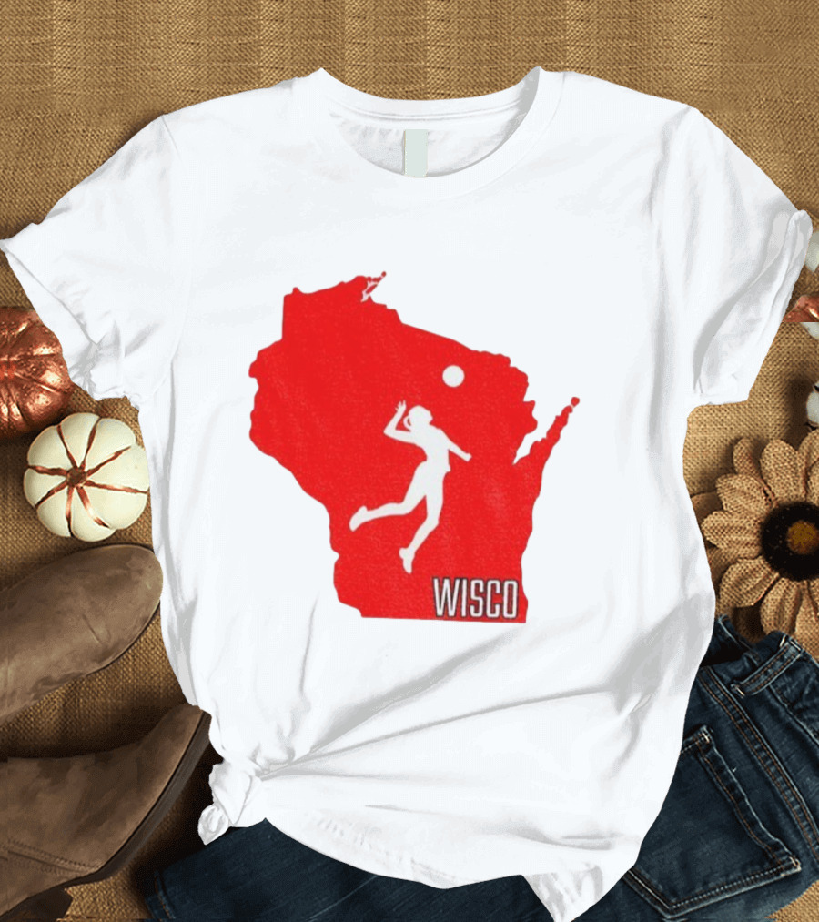 Wisconsin Badgers Volleyball Wisco Map Athlete Silhouette T-Shirt