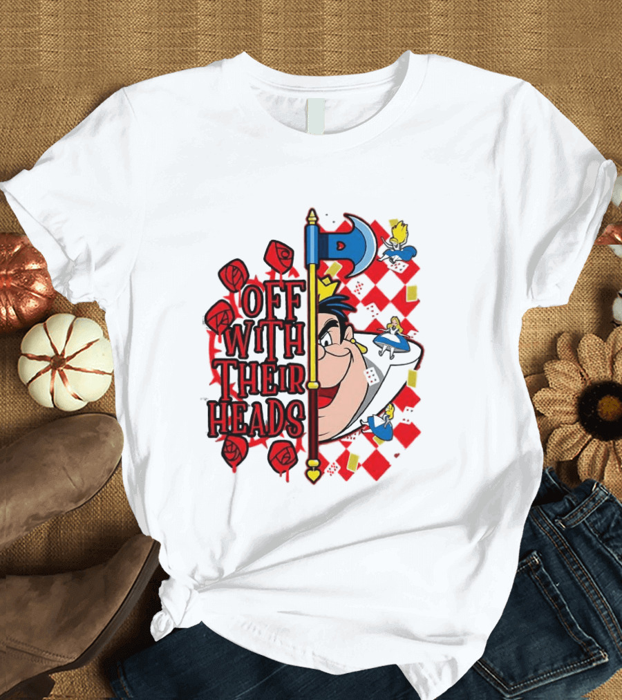 Off With Their Heads Queen Hearts Alice In Wonderland Axe Chessboard Cartoon T-Shirt