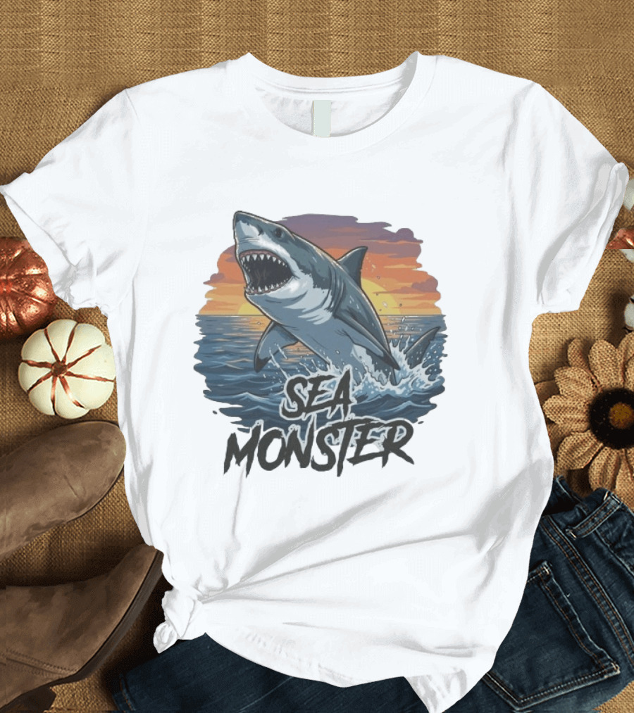 Rawwfishing Sea Monster Shark Sunset Ocean Scene T-Shirt