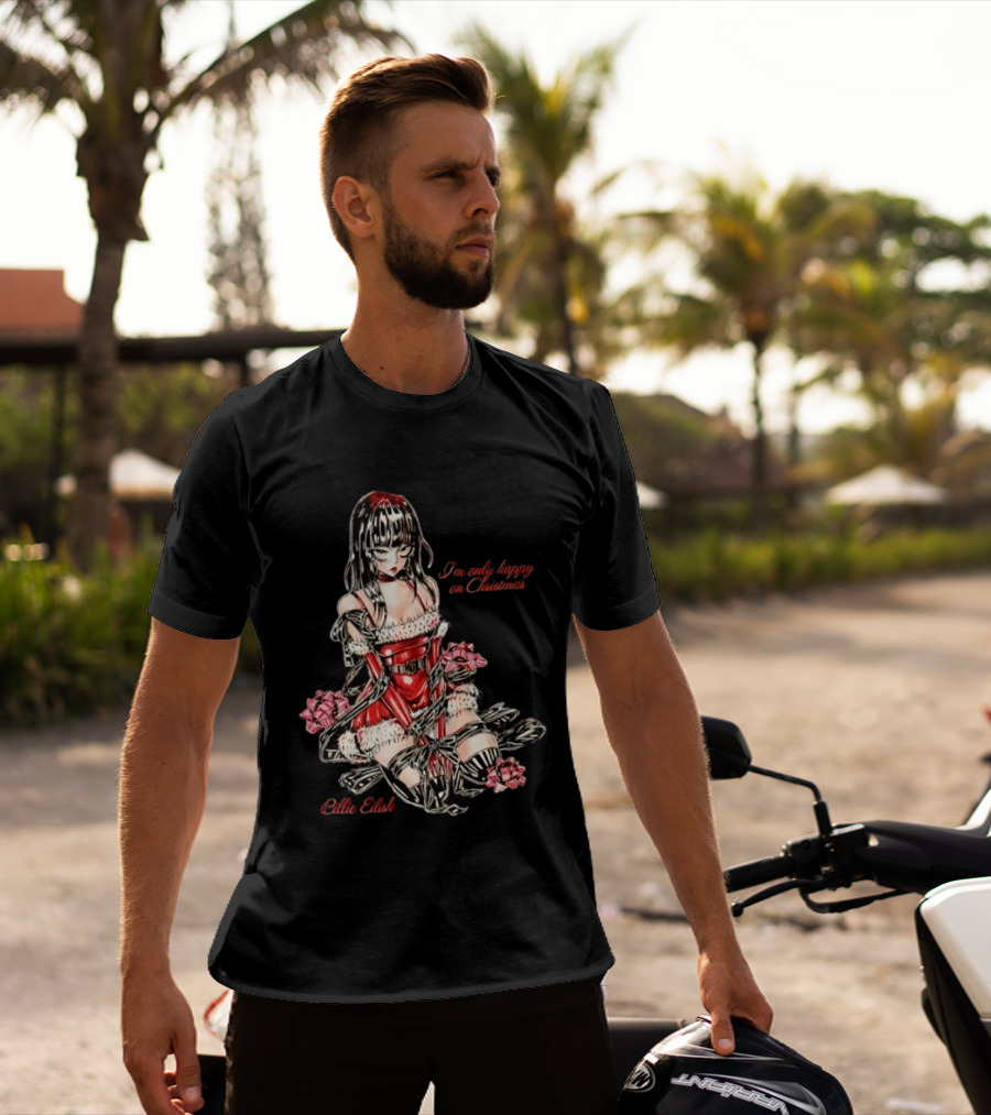 Billie Eilish I'm Only Happy On Christmas Red Outfit Wrapping Ribbon T-Shirt