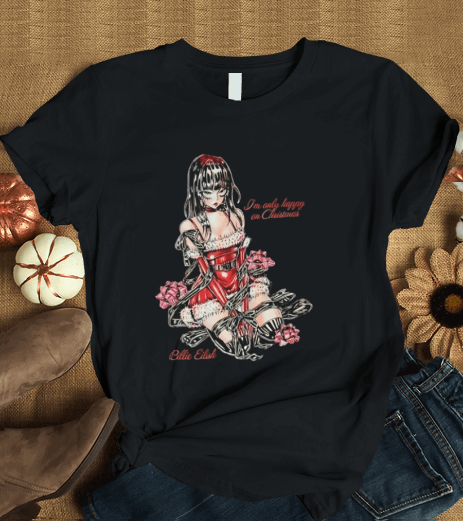 Billie Eilish I'm Only Happy On Christmas Red Outfit Wrapping Ribbon T-Shirt