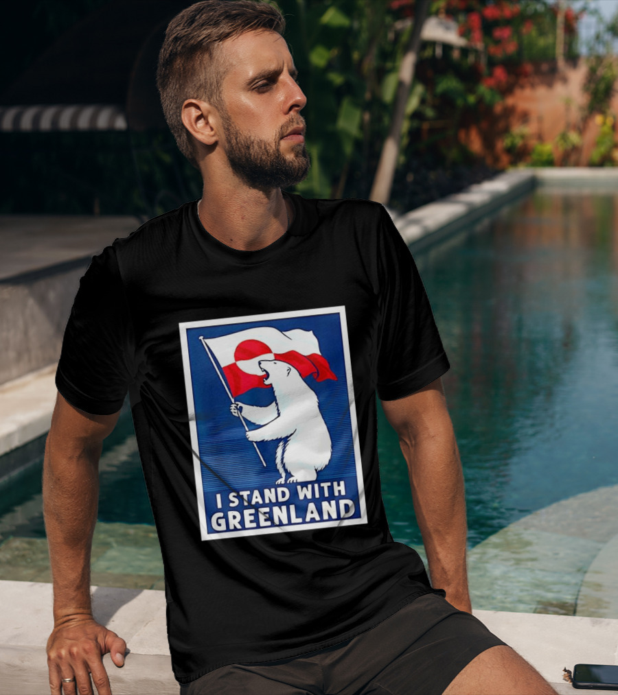 I Stand With Greenland Polar Bear Holding Flag Solidarity Banner T-Shirt