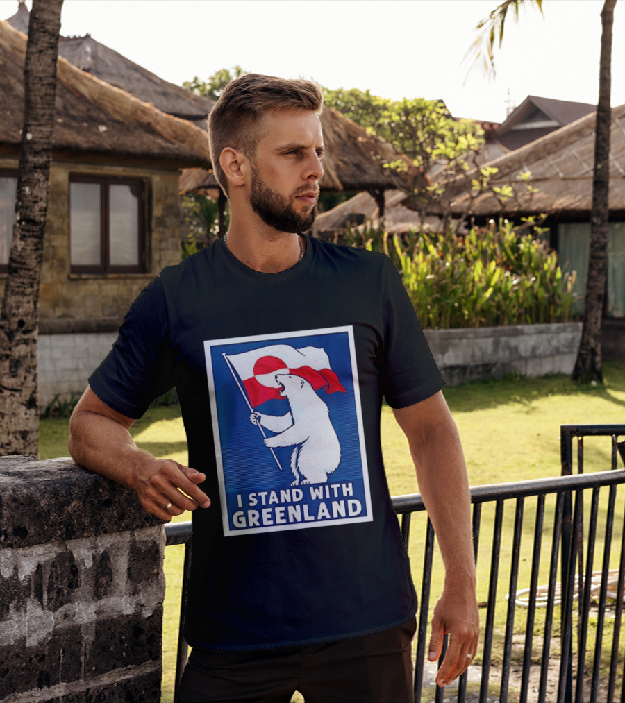 I Stand With Greenland Polar Bear Holding Flag Solidarity Banner T-Shirt
