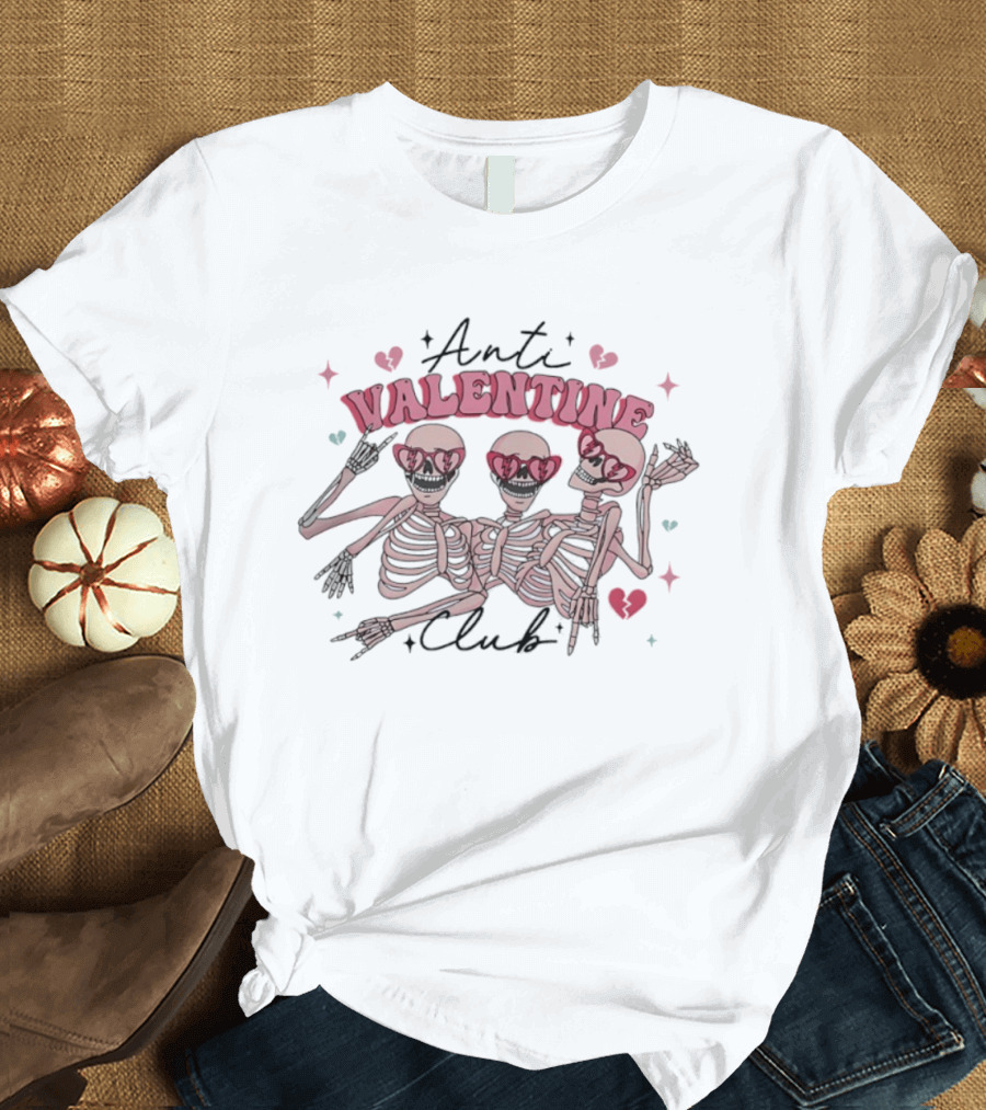 Anti Valentine Club Three Pink Skeletons Dancing Rock And Roll T-Shirt