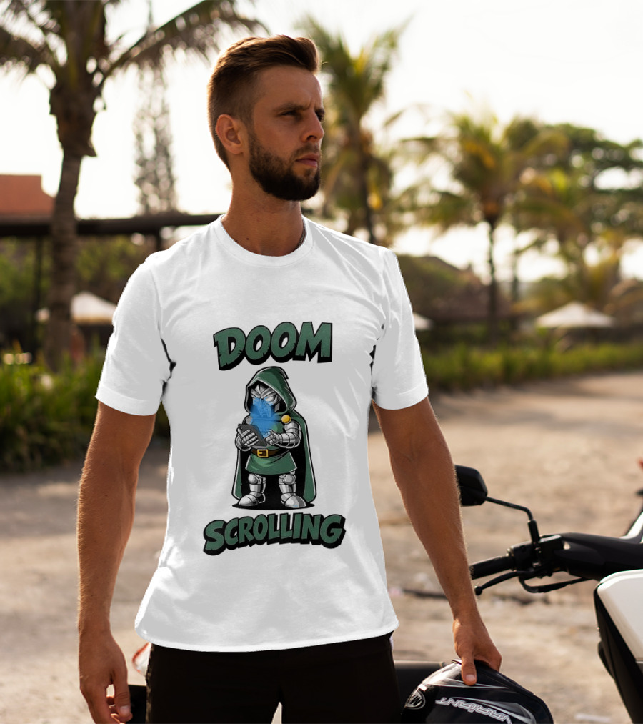 Doom Scrolling Dr Doom Comic Character With Phone T-Shirt