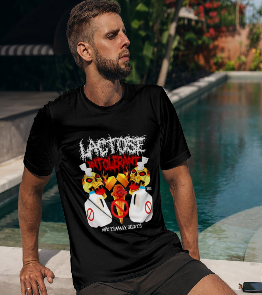 Lactose Intolerant Skulls Milk Jugs No Ice Cream My Tummy Hurts T-Shirt