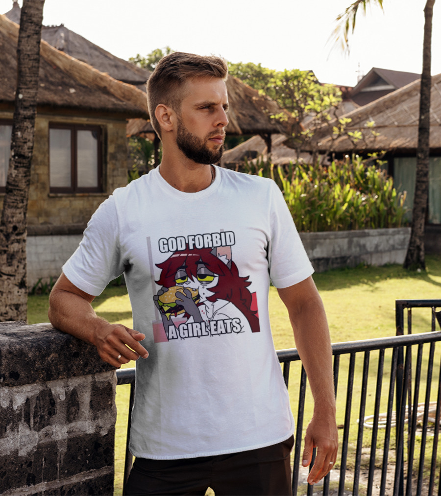 God Forbid A Girl Eats Lazy Cartoon Character Eating Burger T-Shirt