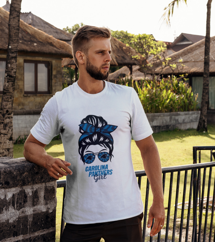 Carolina Panthers Girl Messy Bun Glasses Blue Bow Fan T-Shirt