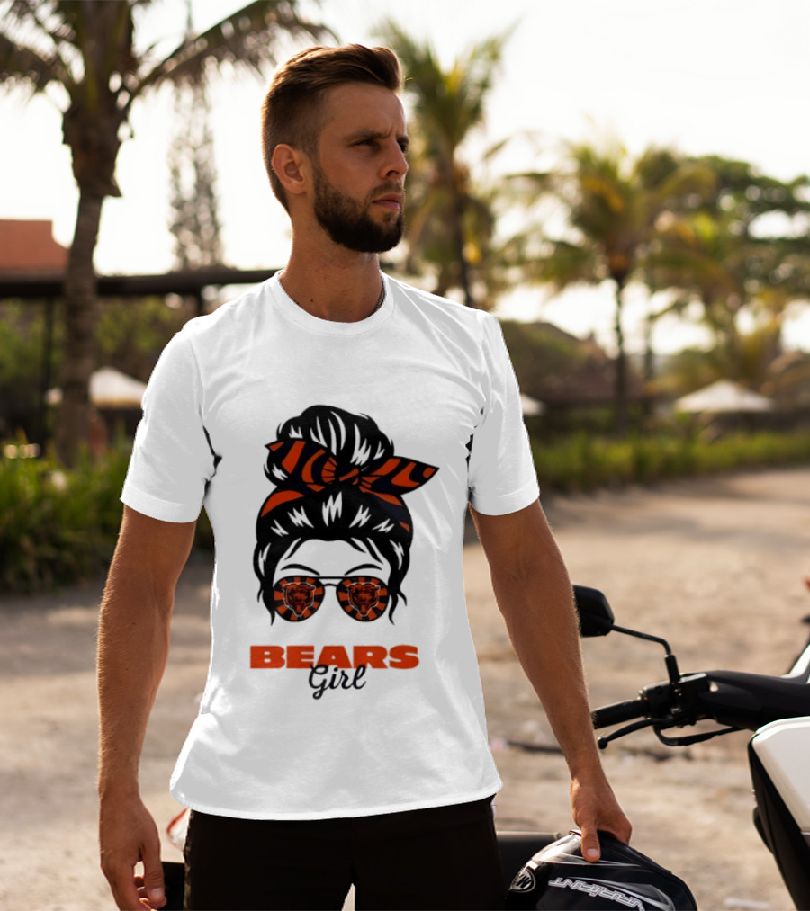 Chicago Bears Girl Messy Bun Glasses Football Fan T-Shirt
