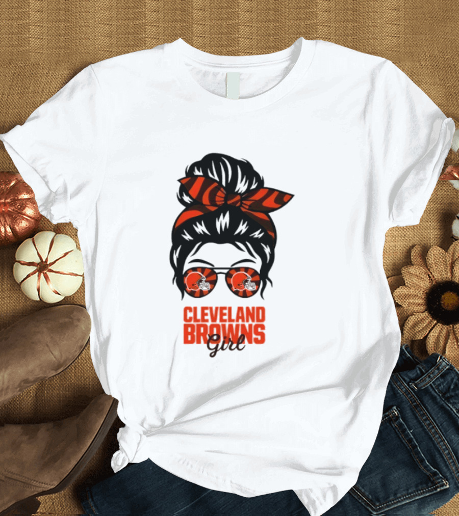 Cleveland Browns Fan Messy Bun Sunglasses T-Shirt
