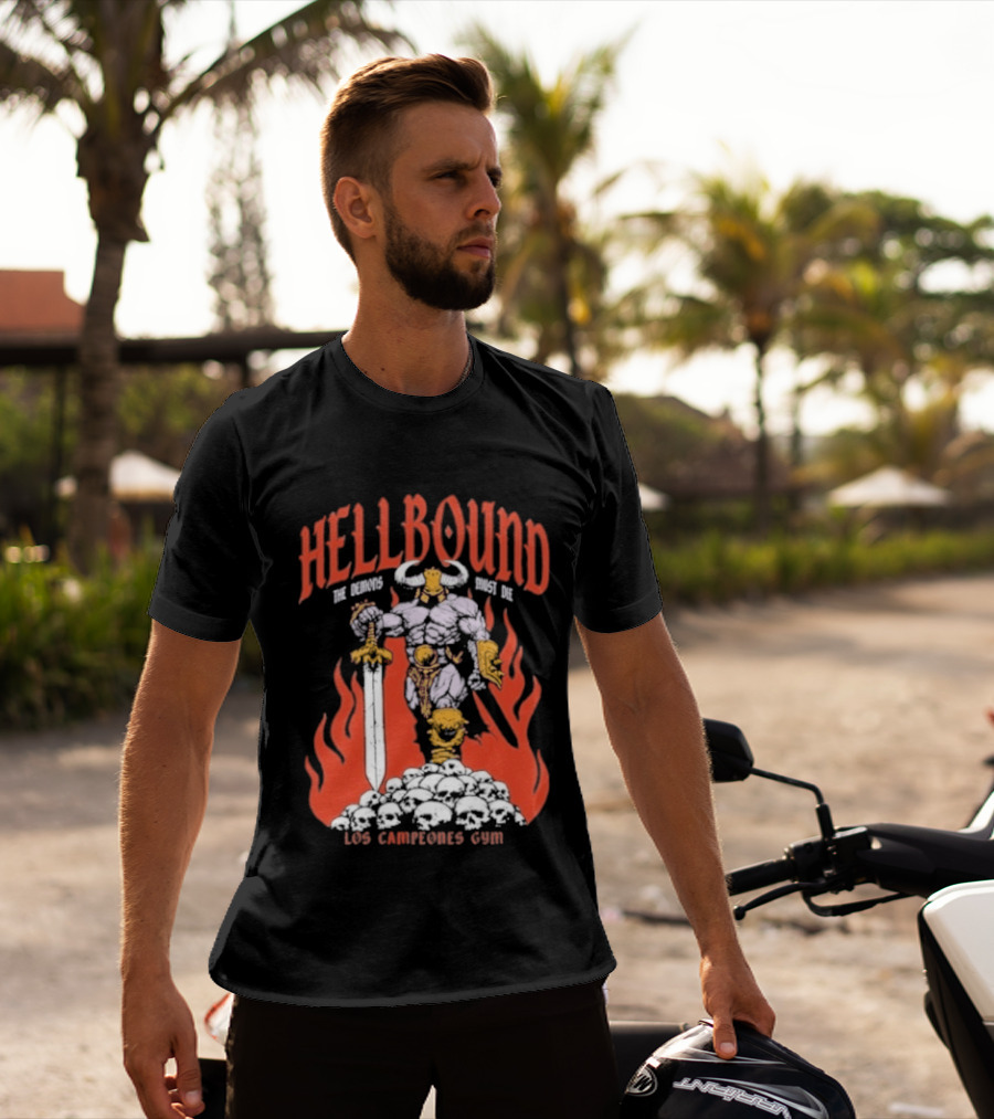 Hellbound Los Campeones Gym The Demos Warrior 2026 Flames Sword Iconic Warrior T-Shirt