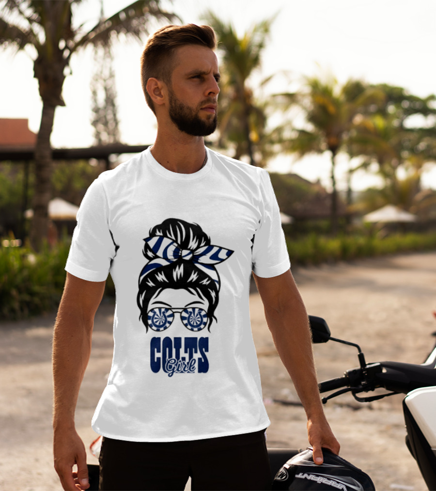 Indianapolis Colts Fan Messy Bun Glasses T-Shirt