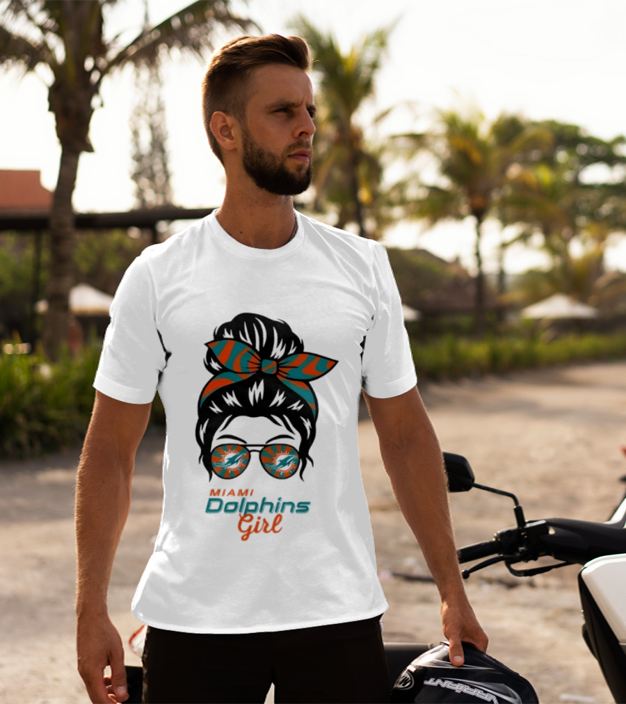 Miami Dolphins Girl Messy Bun Glasses Bow Fan Merchandise T-Shirt