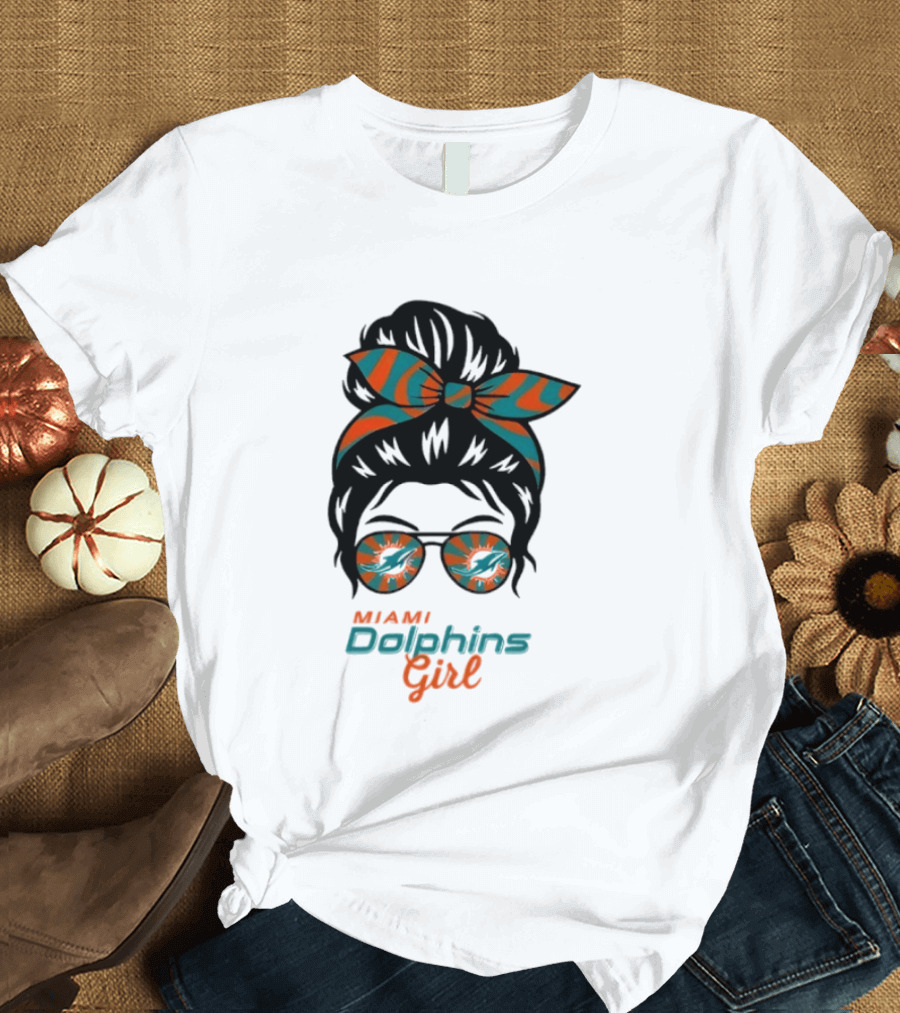 Miami Dolphins Girl Messy Bun Glasses Bow Fan Merchandise T-Shirt