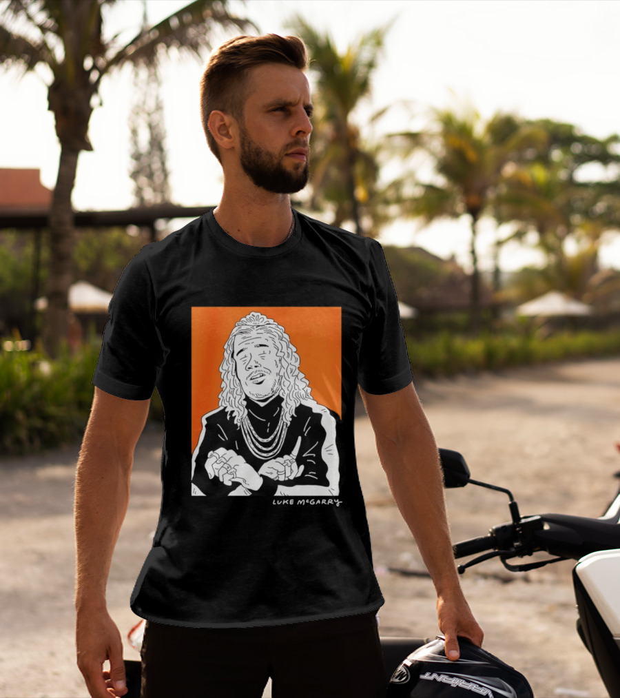 Luke McGarry Cartoon Character With Long Hair And Chains On Orange T-Shirt