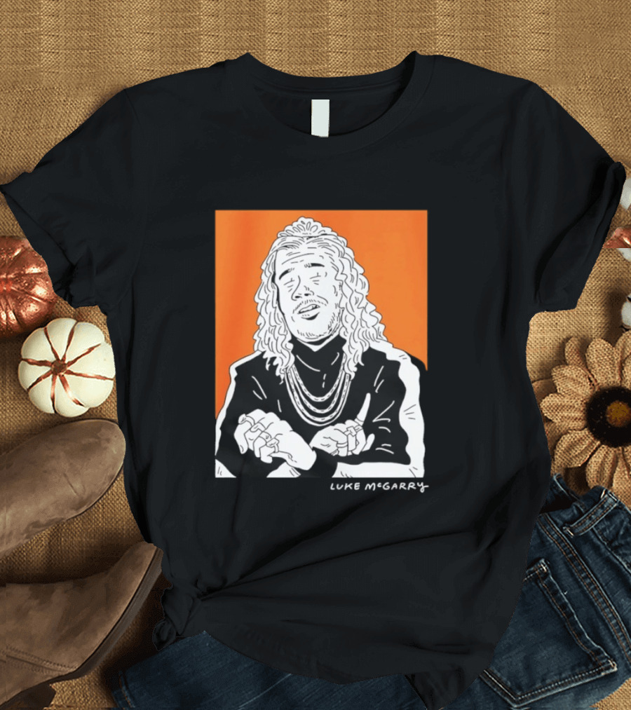 Luke McGarry Cartoon Character With Long Hair And Chains On Orange T-Shirt
