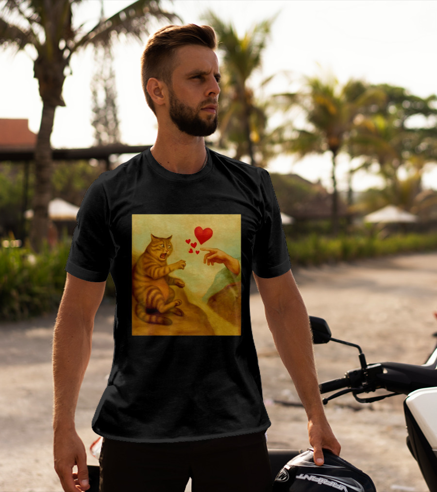 Cat Swatting God's Hand Surrounded By Hearts T-Shirt