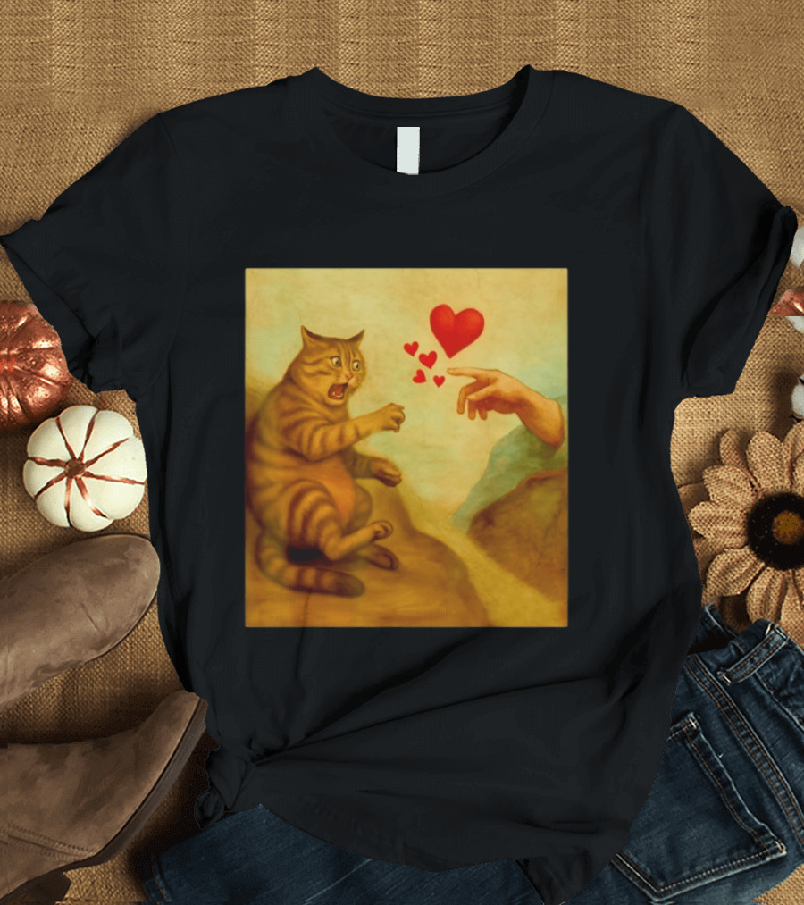 Cat Swatting God's Hand Surrounded By Hearts T-Shirt