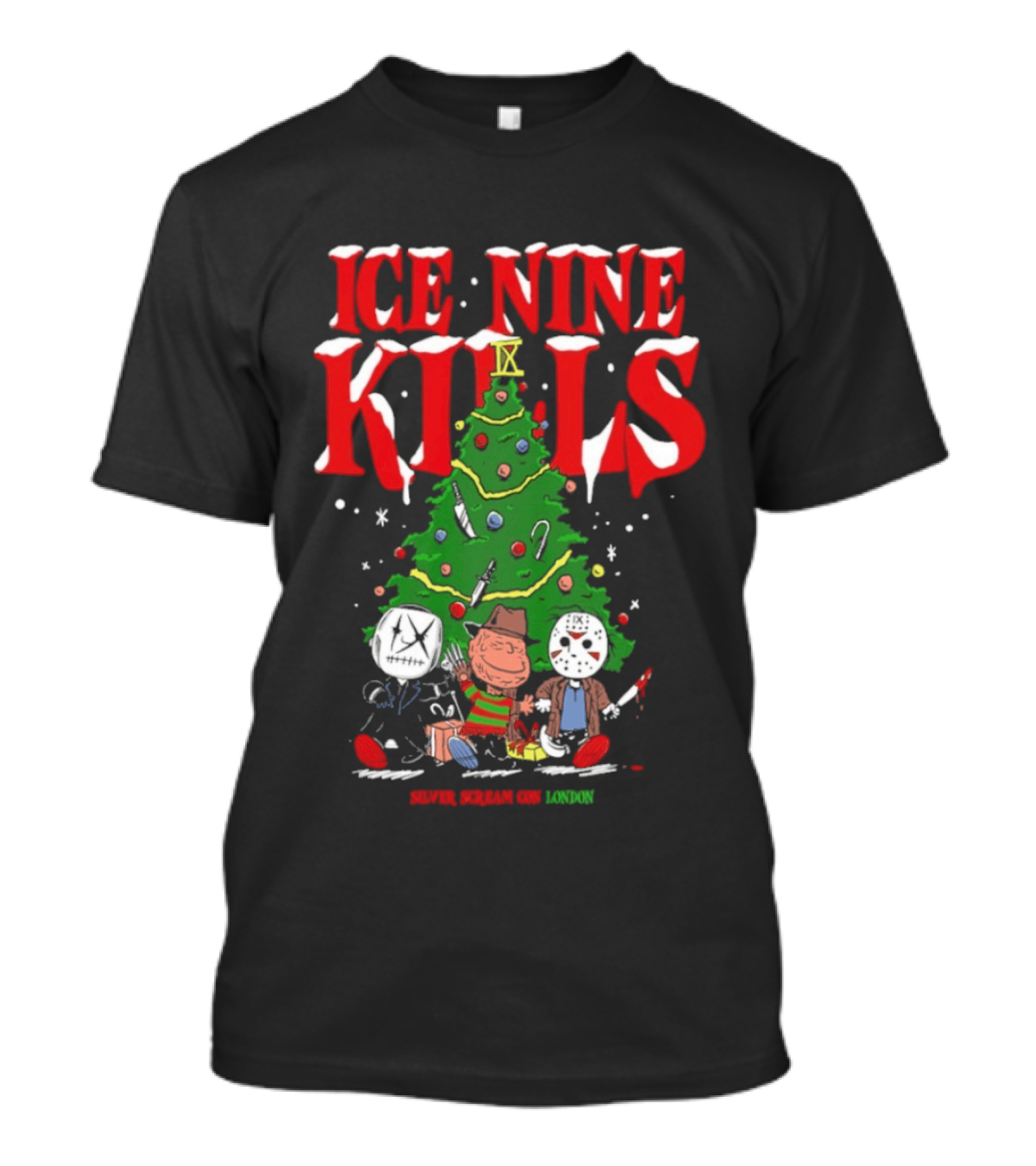 Ice Nine Kills Silver Scream Con Festive Horror Villains Christmas Tree T-Shirt