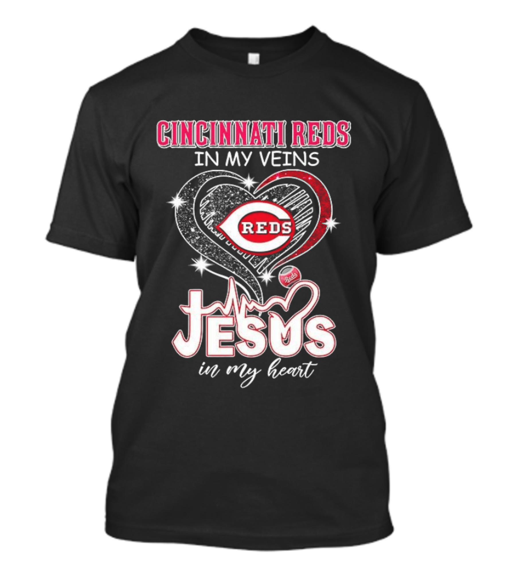 Cincinnati Reds In My Veins Jesus In My Heart Bling Bling Christian Heart T-Shirt