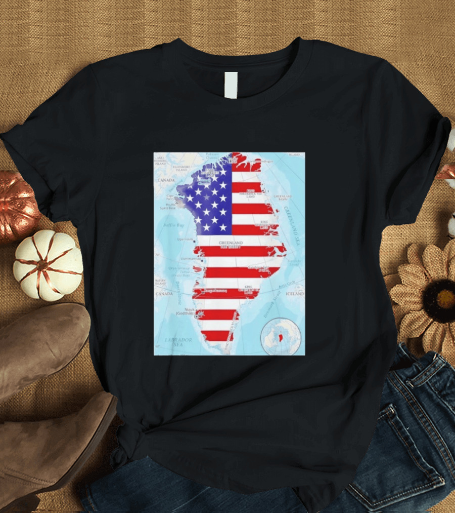USA Flag Over Greenland Map American Patriot T-Shirt