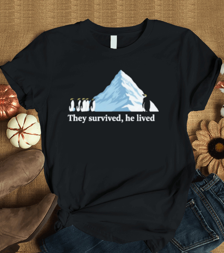 They Survived He Lived Penguin Halo Mountain Scene T-Shirt