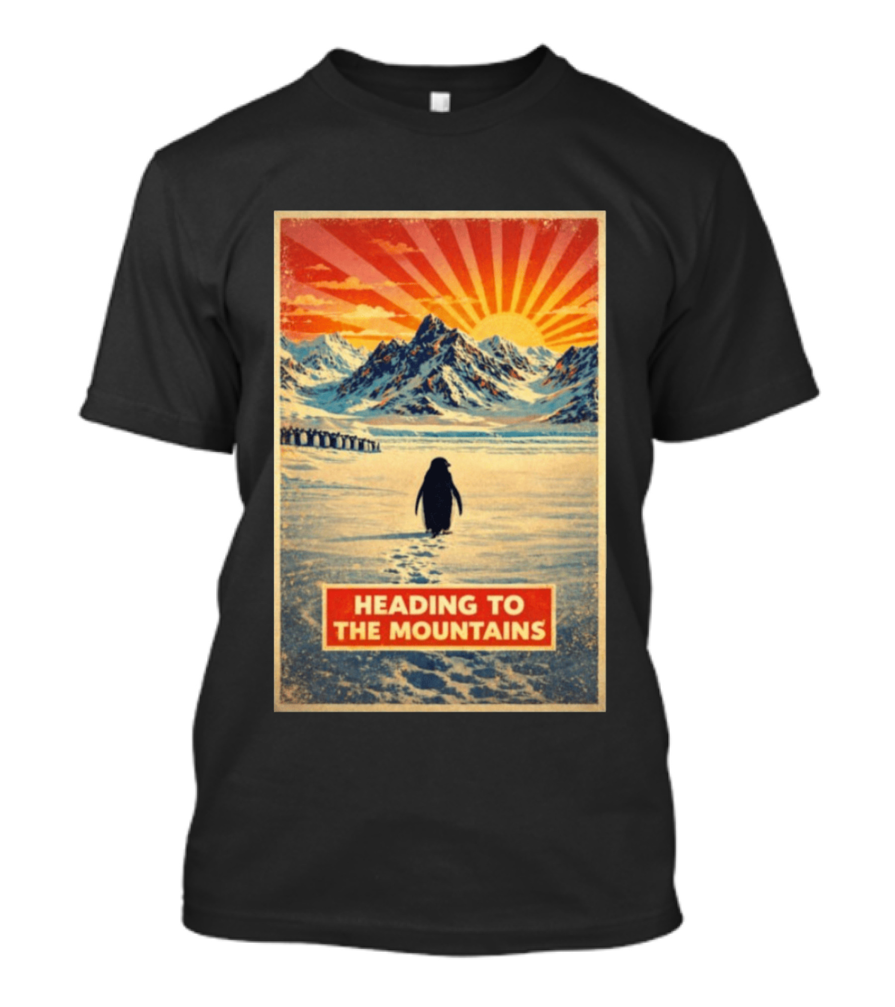 Penguin Journey Heading To The Mountains Sunrise T-Shirt