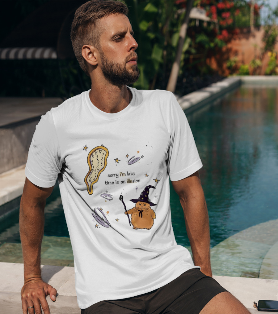 Sorry I'm Late Time Is An Illusion Time Traveling Witch Cat With Melting And Magic Wand T-Shirt