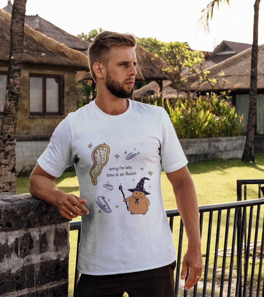 Sorry I'm Late Time Is An Illusion Time Traveling Witch Cat With Melting And Magic Wand T-Shirt