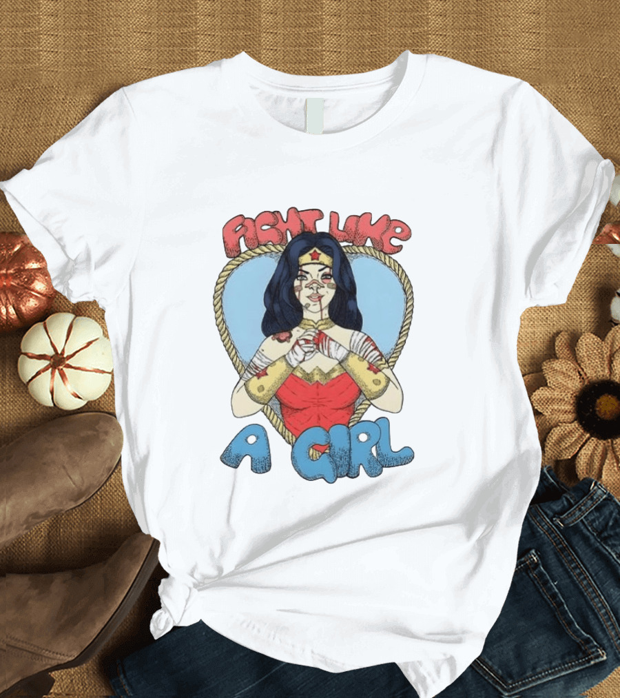 Wonder Woman Fight Like A Girl Cartoon Heart Rope Border T-Shirt
