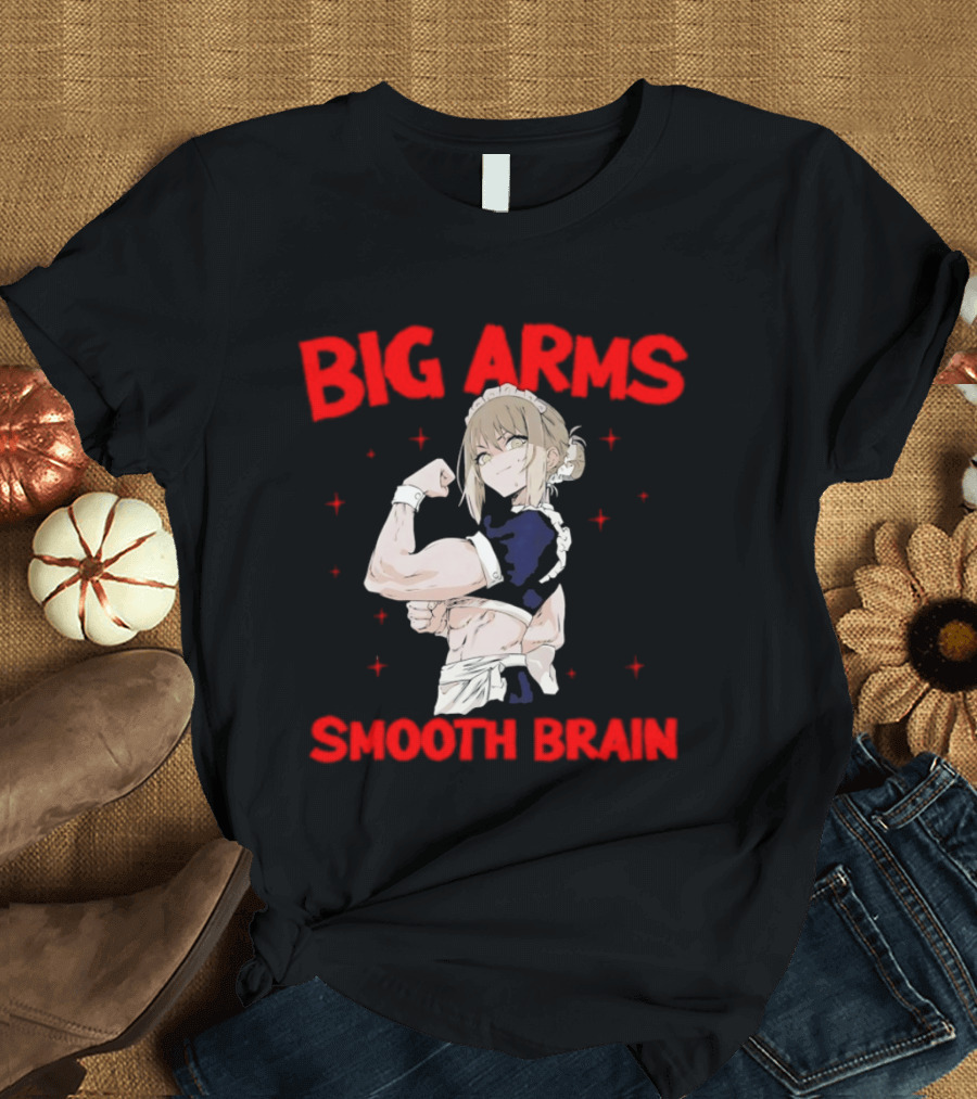 Big Arms Smooth Brain Anime Maid Flexing Strong Muscles T-Shirt