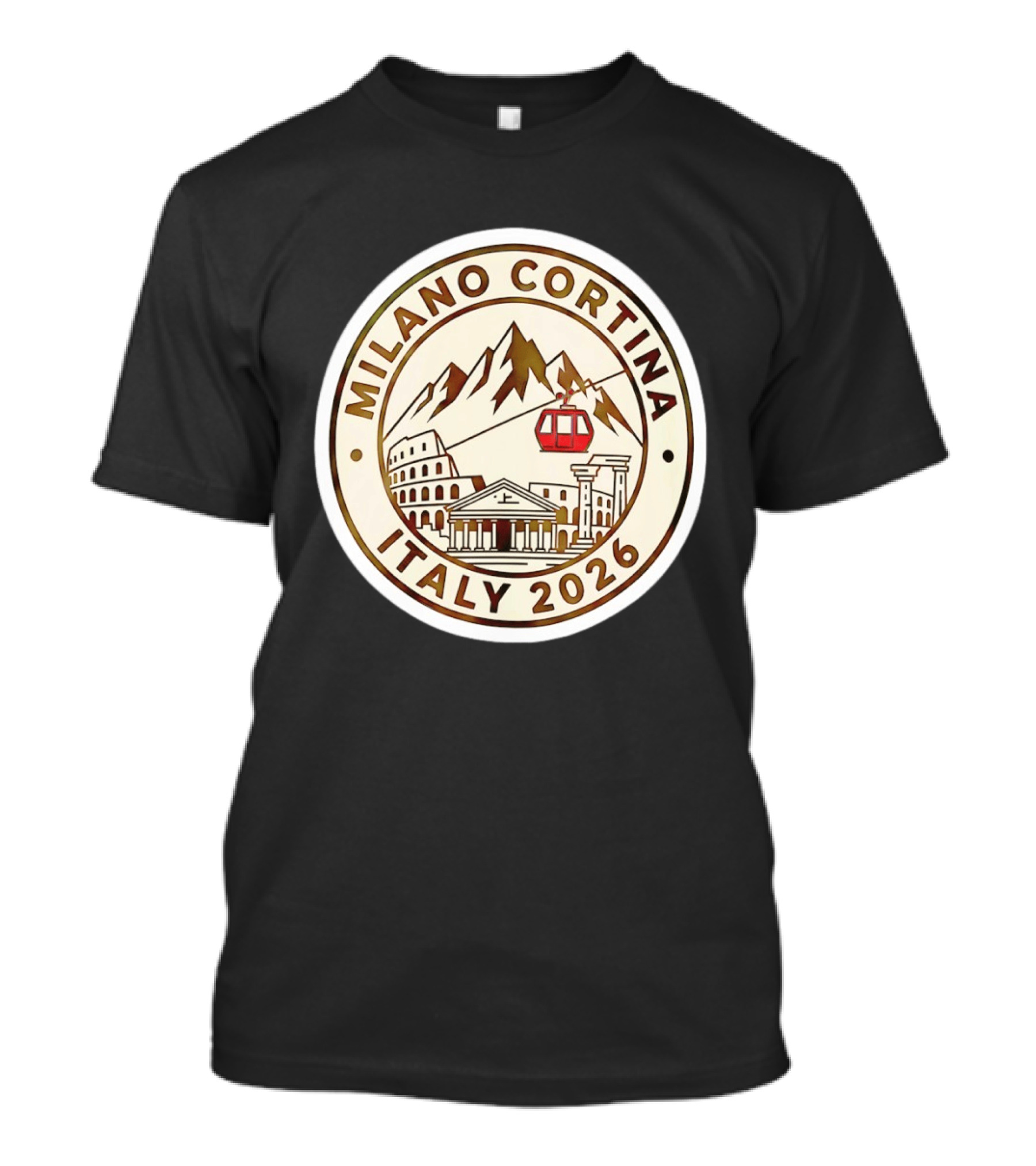 Milano Cortina Italy 2026 Winter Sports Emblem With Italian Landmarks And Mountains T-Shirt