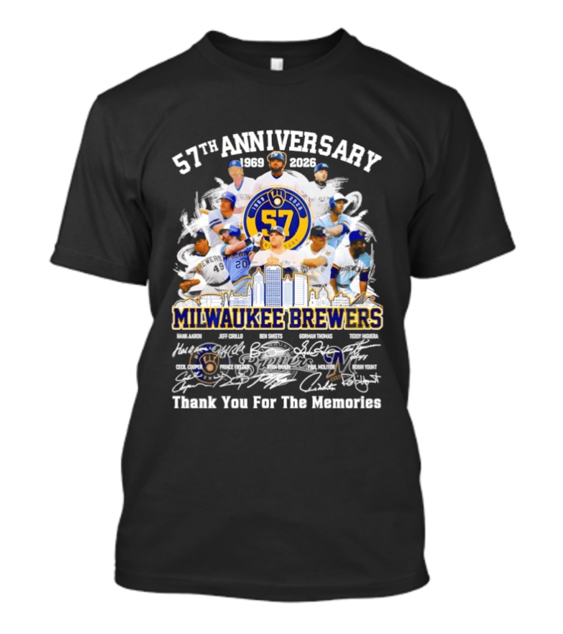 Milwaukee Brewers 57th Anniversary 1969 2026 Players City Skyline Thank You For The Memories T-Shirt