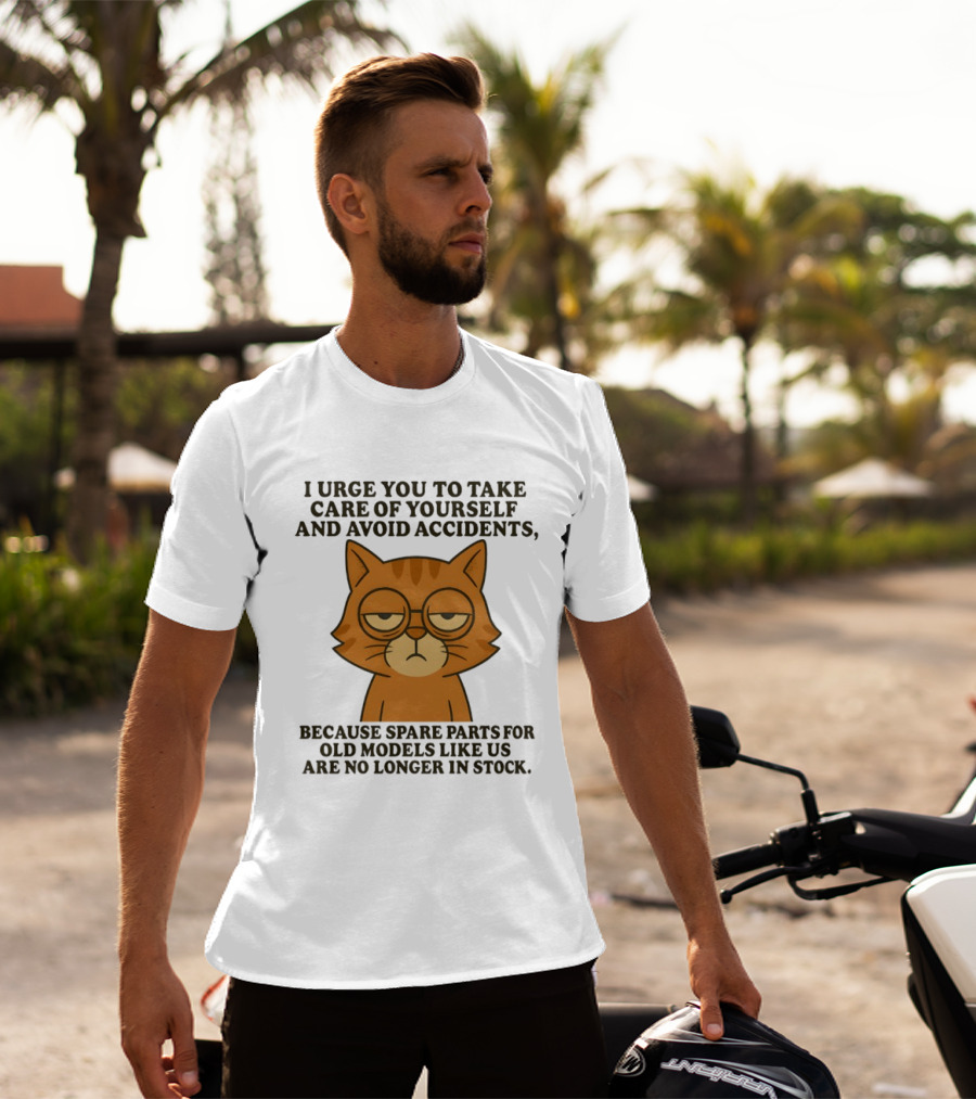 Sad Orange Cat I Urge You To Take Care Of Yourself And Avoid Accidents Spare Parts For Old Models No Longer In Stock T-Shirt