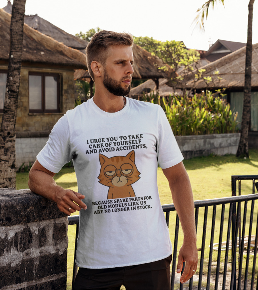 Sad Orange Cat I Urge You To Take Care Of Yourself And Avoid Accidents Spare Parts For Old Models No Longer In Stock T-Shirt