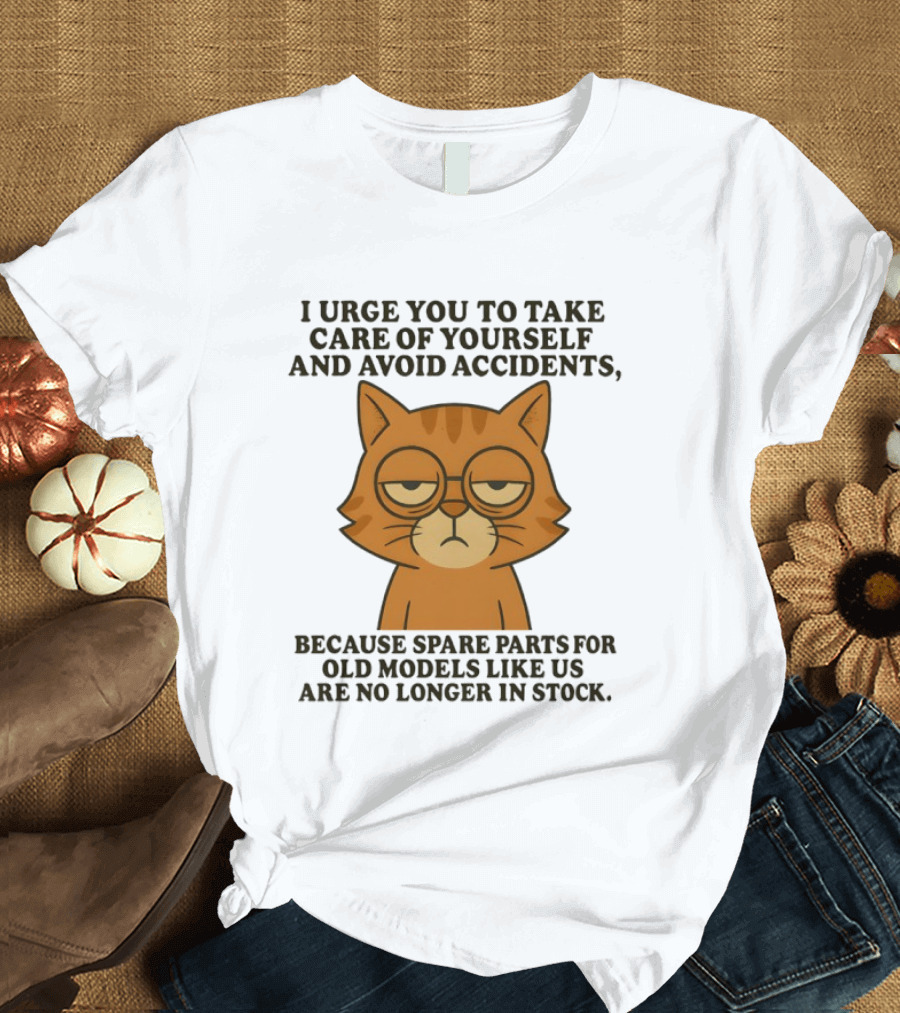 Sad Orange Cat I Urge You To Take Care Of Yourself And Avoid Accidents Spare Parts For Old Models No Longer In Stock T-Shirt