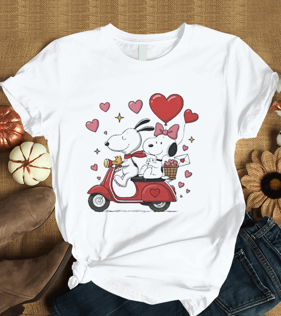 Valentines Day Snoopy Couple Riding Scooter With Hearts And Balloons T-Shirt