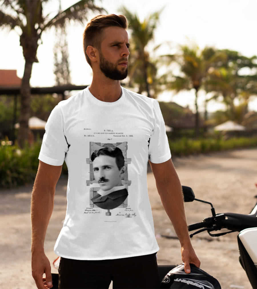 Nikola Tesla Portrait Over Electrical Apparatus Patent Design Image T-Shirt