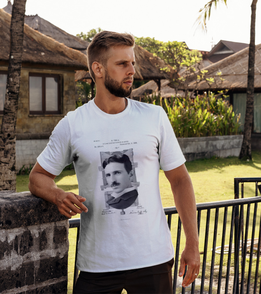 Nikola Tesla Portrait Over Electrical Apparatus Patent Design Image T-Shirt