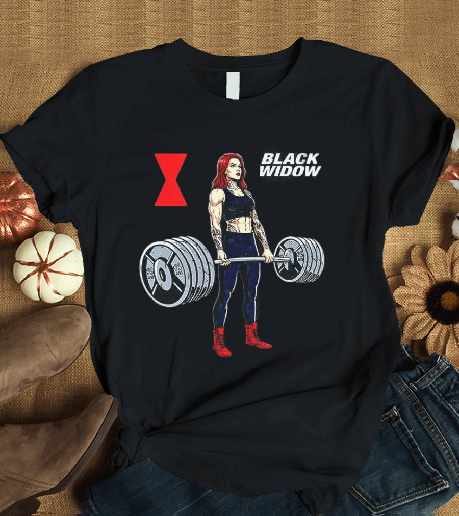 Black Widow Weightlifting Gym Workout Red Hourglass T-Shirt