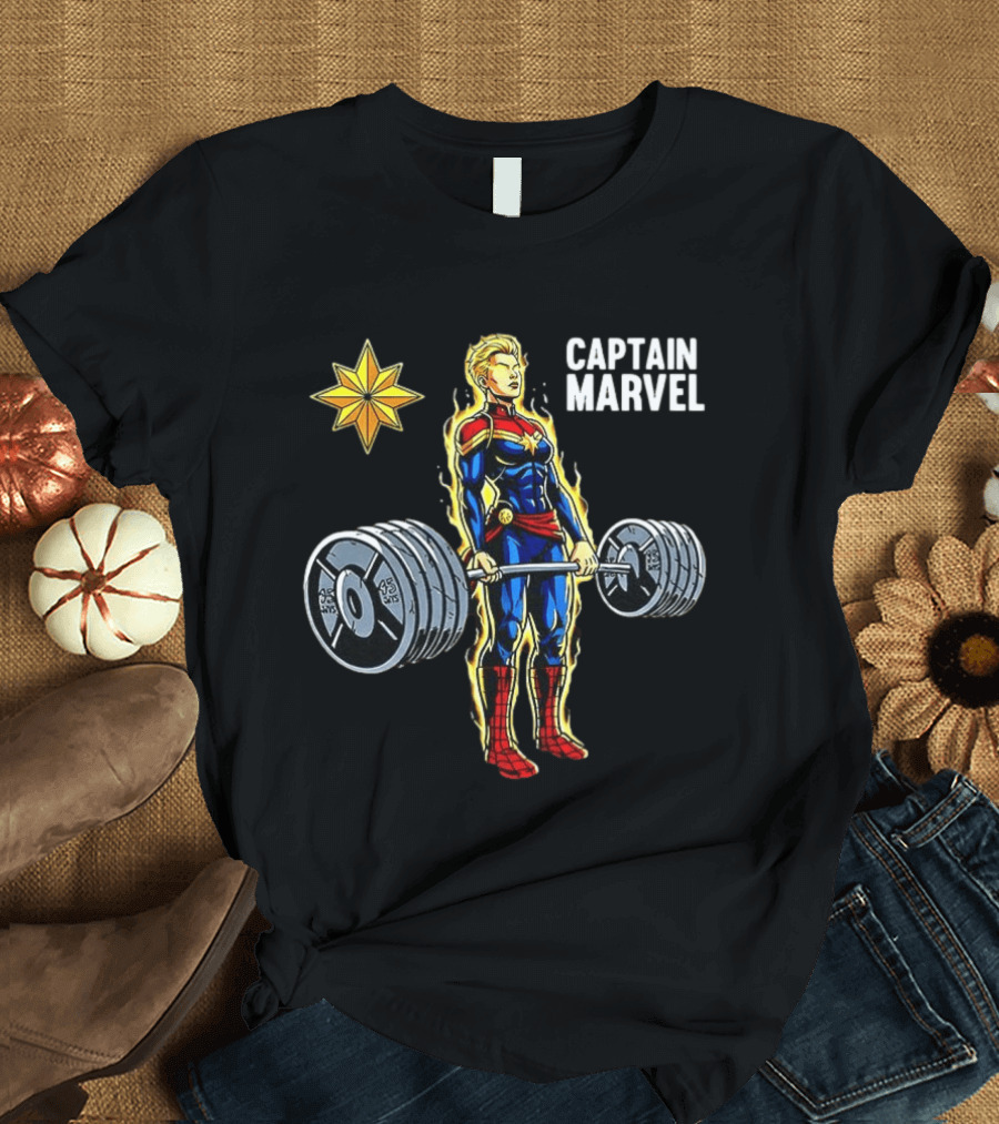 Captain Marvel Lifting Weights Gym Workout Star T-Shirt