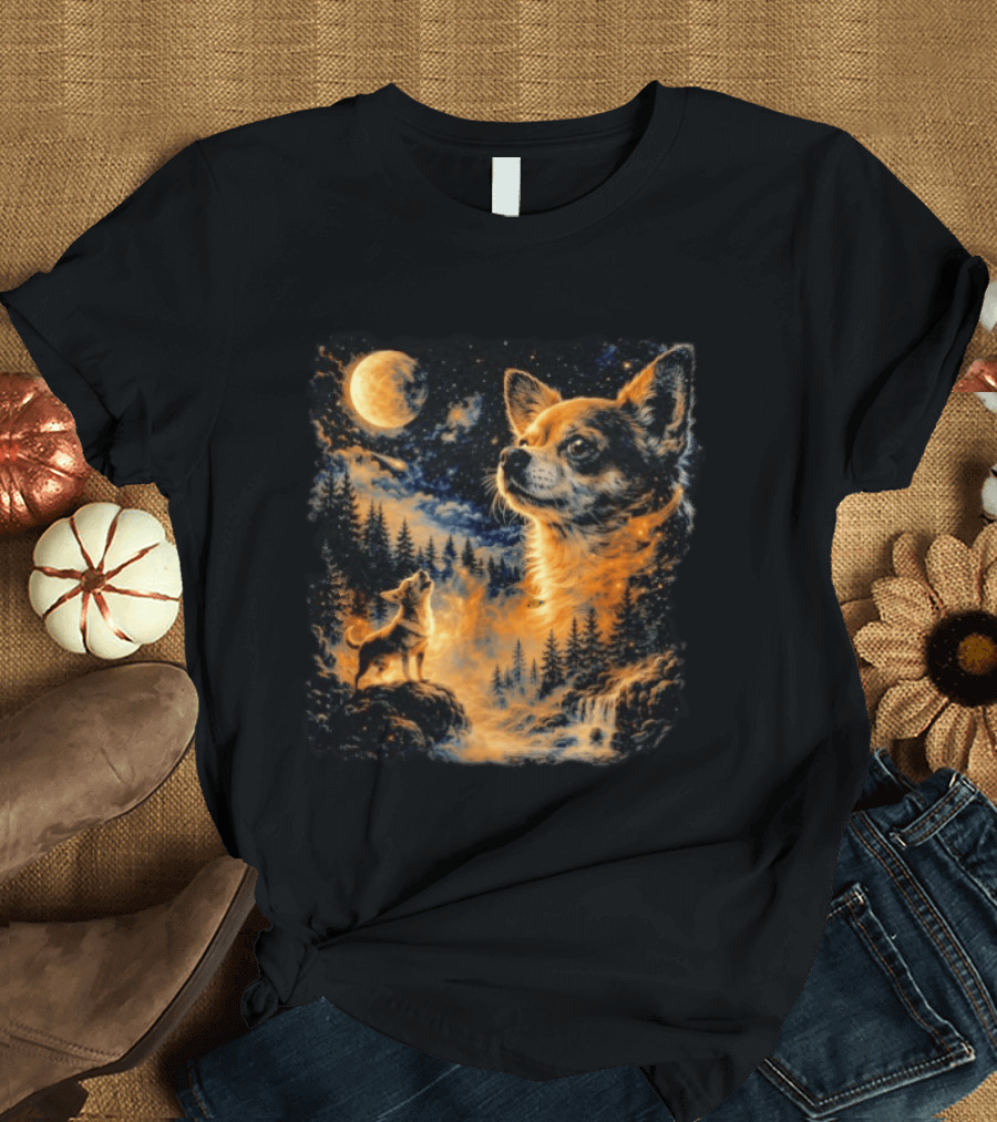 Chihuahua Howling 90s Nostalgia Moonlit Wilderness Scene T-Shirt