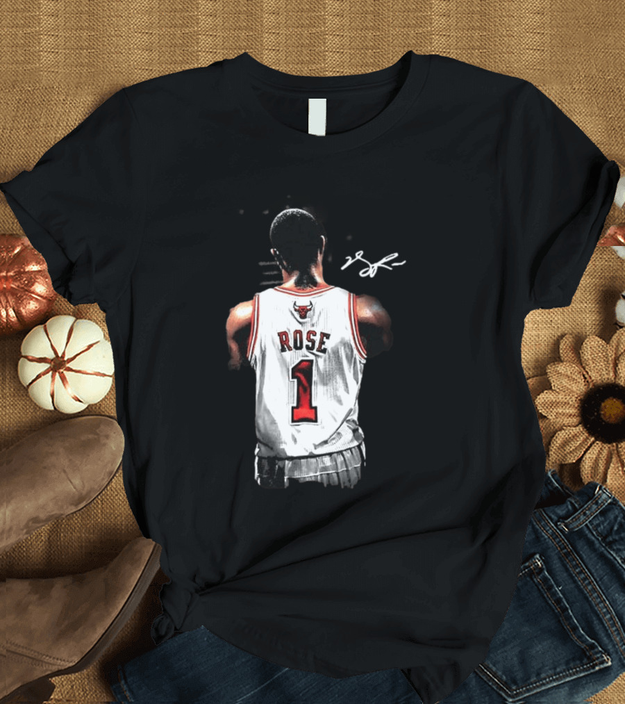 Derrick Rose Chicago Bulls Autographed Jersey Number 1 NBA T-Shirt