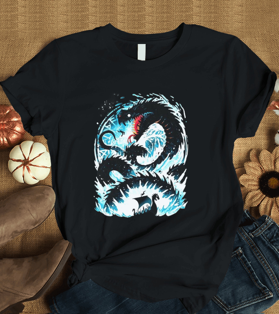 Jörmungandr World Serpent Norse Mythology Viking Ship Ocean Waves T-Shirt