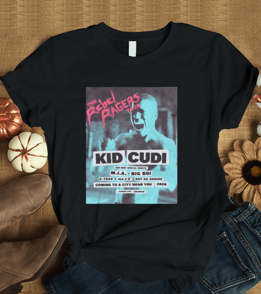 Kid Cudi The Rebel Ragers Tour 2026 Featuring M.I.A. Big Boi A Trak And Dot Da Genius T-Shirt