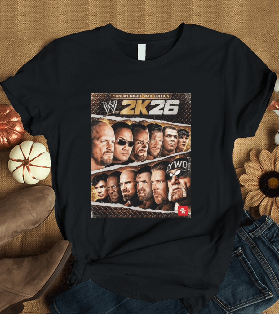 WWE 2K26 Monday Night War Edition Stone Cold Steve Austin Hollywood Hogan The Rock Shawn Michaels Triple H Cover T-Shirt